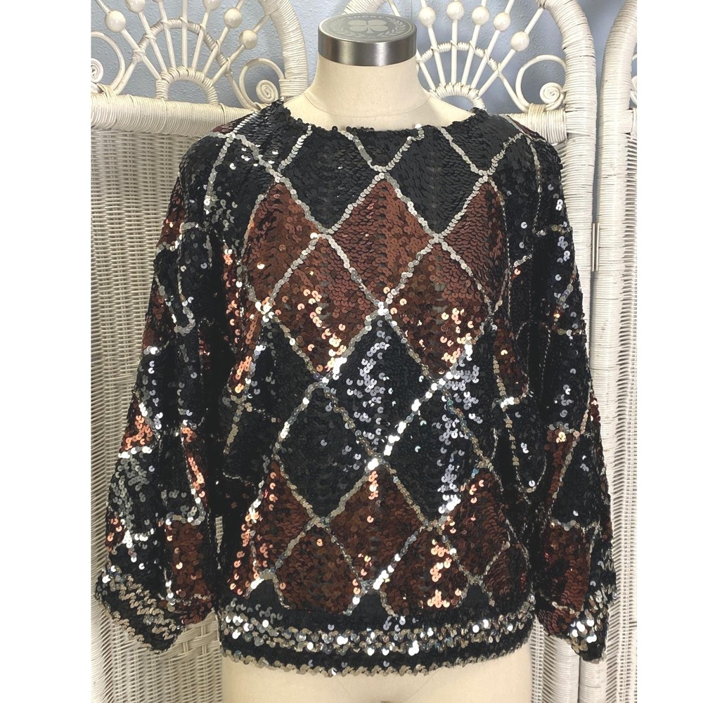 Vintage 1980s Sequin Argyle Dolman Top Black Copper Silver‎ Made in USA M